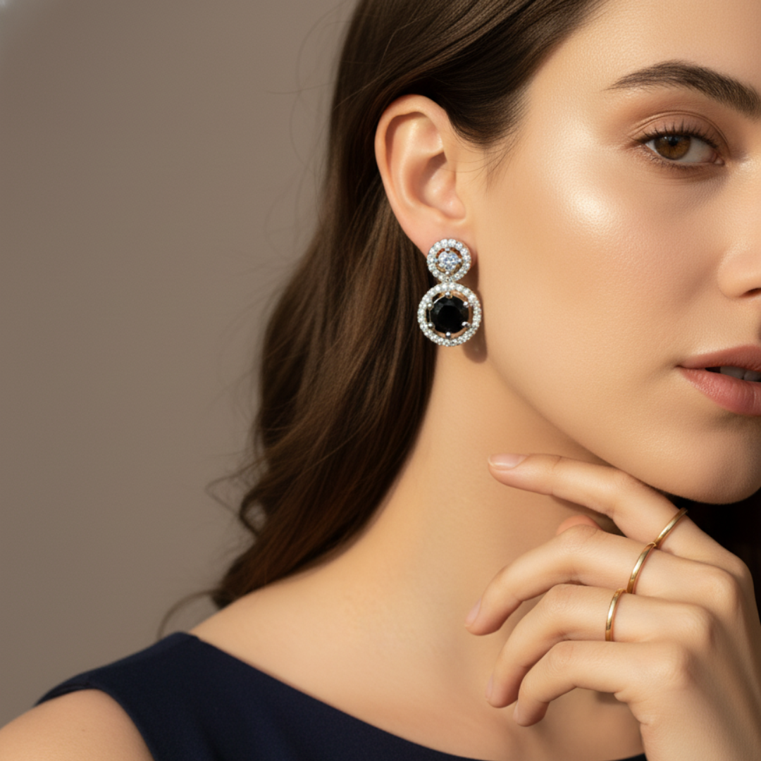 Black Crystal Halo Earrings Elegant Silver Statement Stud Drop Jewellery