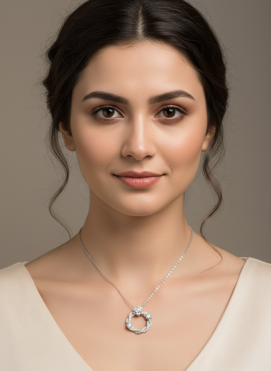 Ratmanee Silver Radiance Pendant – Twisted Circle Necklace with Sparkling Crystals