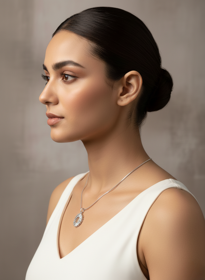 Ratmanee Silver Radiant Circle Pendant – Sparkling Round Necklace with Crystal Detailing