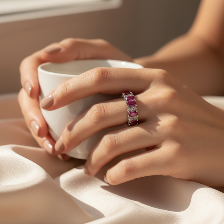 Ruby Baguette Eternity Ring Silver Crystal Accent Elegant Women’s Jewellery