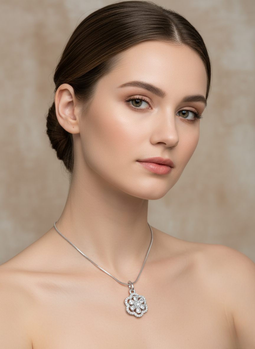 Ratmanee Crystal Flower Necklace – Simple Silver Pendant for Everyday Elegance