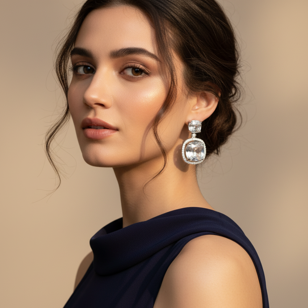 Silver Cushion-Cut Dangle Earrings Sparkling Crystal Statement Jewellery