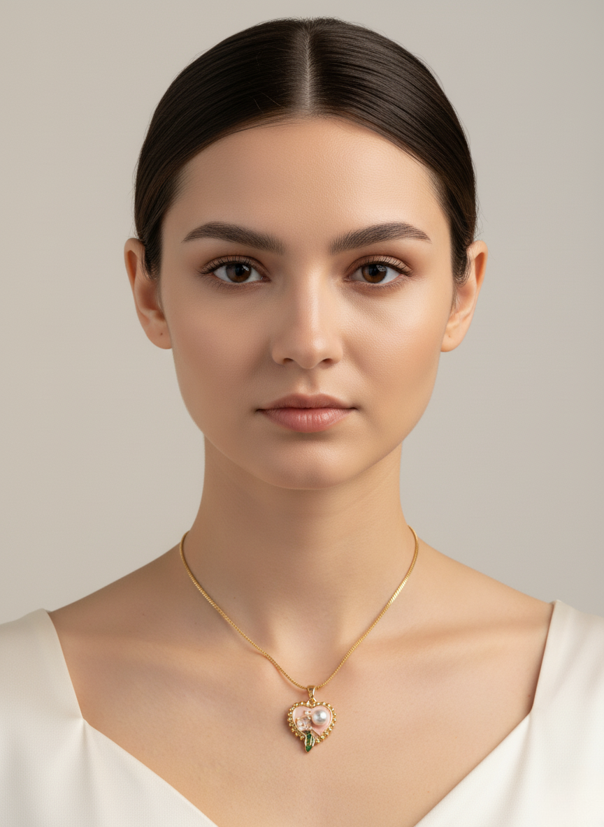 Ratmanee Heart Pearl Pendant – Gold Necklace with Enamel Flower and Leaf Design