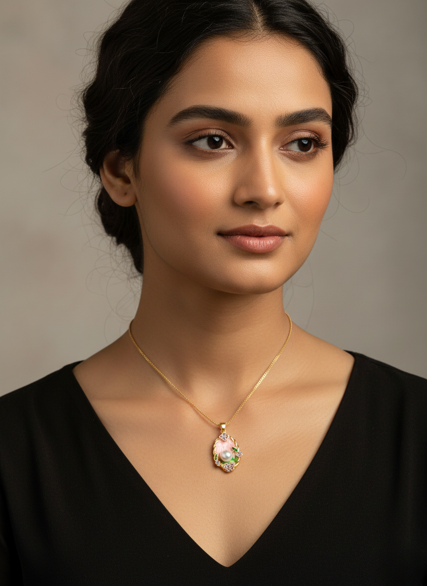 Ratmanee Pearl Bloom Necklace – Gold-Plated Pendant with Pink Enamel and Crystal Flowers