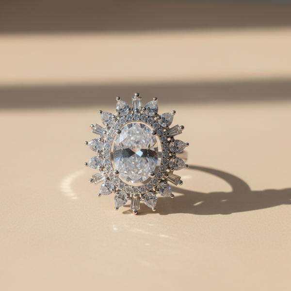 Oval Crystal Halo Ring Luxury Silver Statement Cocktail Jewellery
