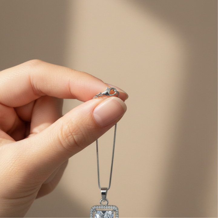 Elegant Square-Cut Silver Necklace & Earring Set |Sparkling CZ Jewellery Gift