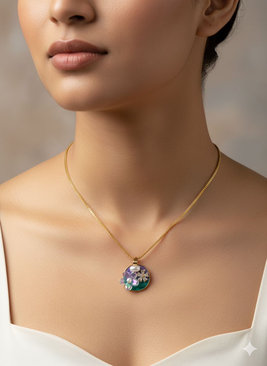 Ratmanee Garden Bloom Necklace – Artistic Gold Pendant with Pearl and Enamel Flowers