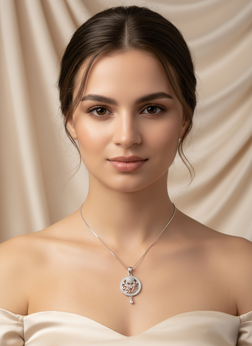 Ratmanee Silver Empress Pendant – Royal Round Necklace with Crystal Detailing