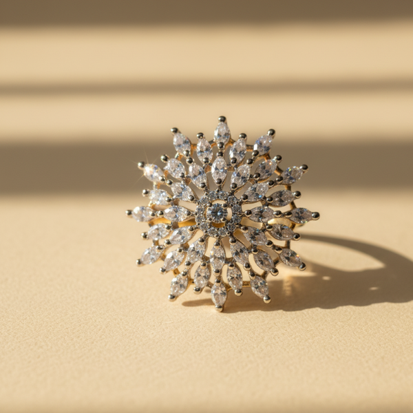 Floral Burst Crystal Ring Elegant Gold Statement Cocktail Jewellery