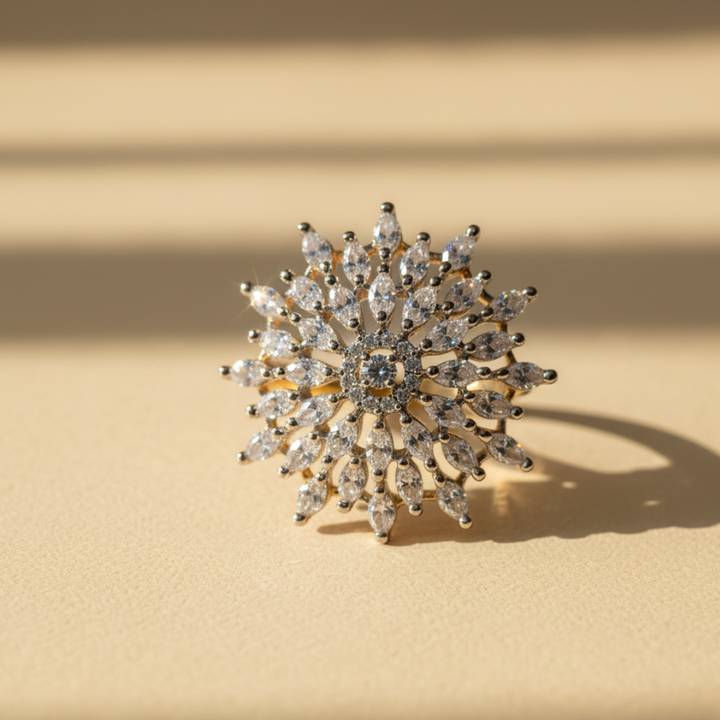 Floral Burst Crystal Ring Elegant Gold Statement Cocktail Jewellery
