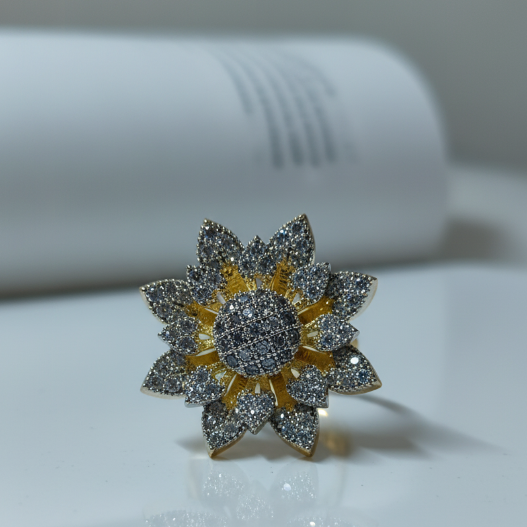 Sunflower Crystal Ring Gold Statement Floral Cocktail Jewellery