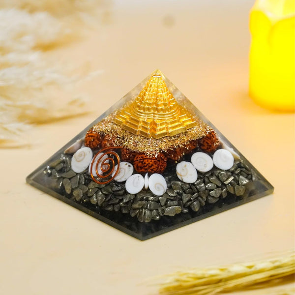 Dhanlabh Pyramid with Shree Yantra, Rudraksha, Gomti Chakra & Pyrite