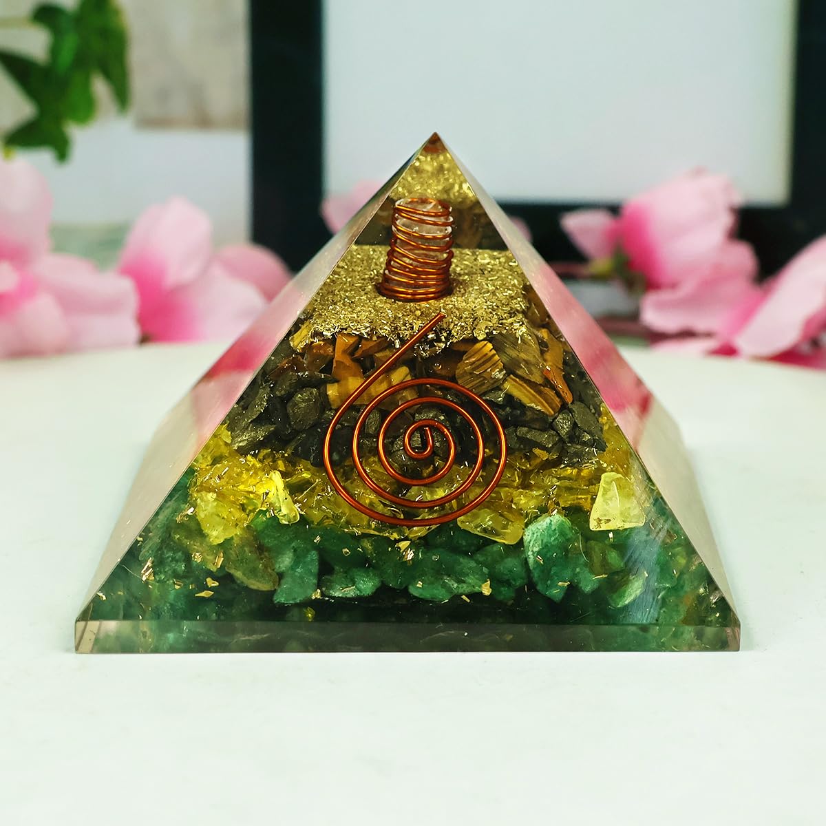 Money Magnet Pyramid with Pyrite, Tiger Eye, Citrine and Aventurine Stones