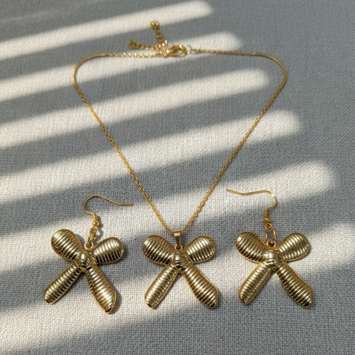 Gold Bow Jewellery Set Elegant Necklace & Earrings for Women