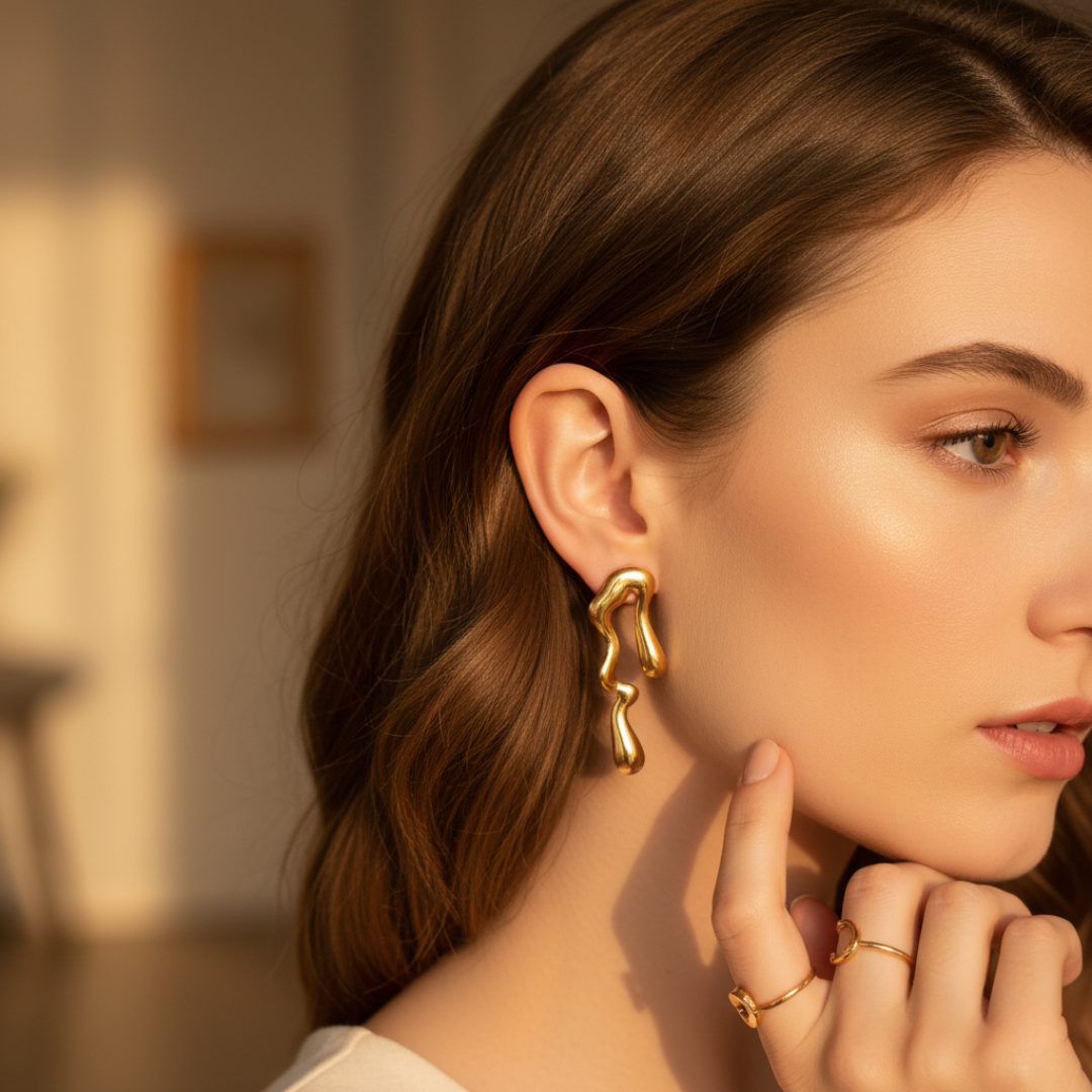 Golden Abstract Melt-Design Statement Earrings