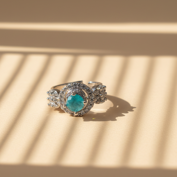 Teal Halo Crystal Ring Elegant Silver Statement Cocktail Jewellery