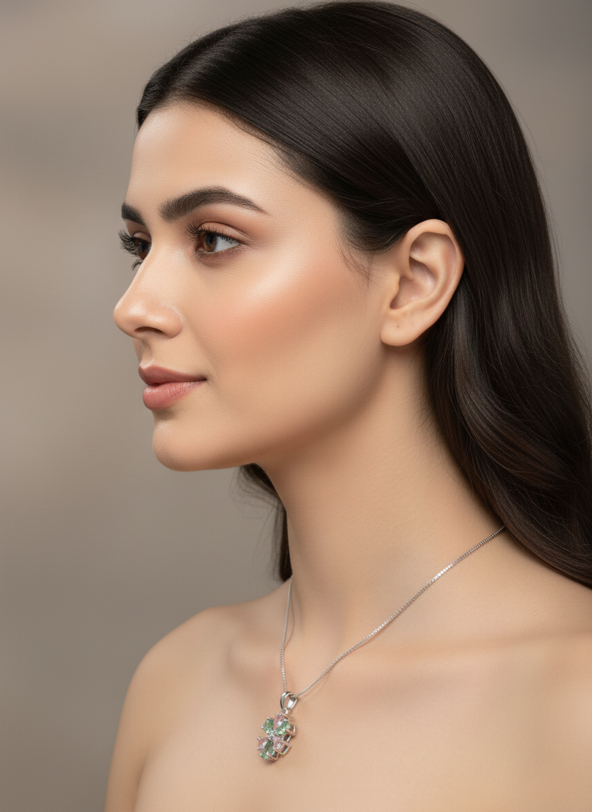 Ratmanee Blossom Pendant Necklace – Pink & Green Crystal Flower in Sterling Silver