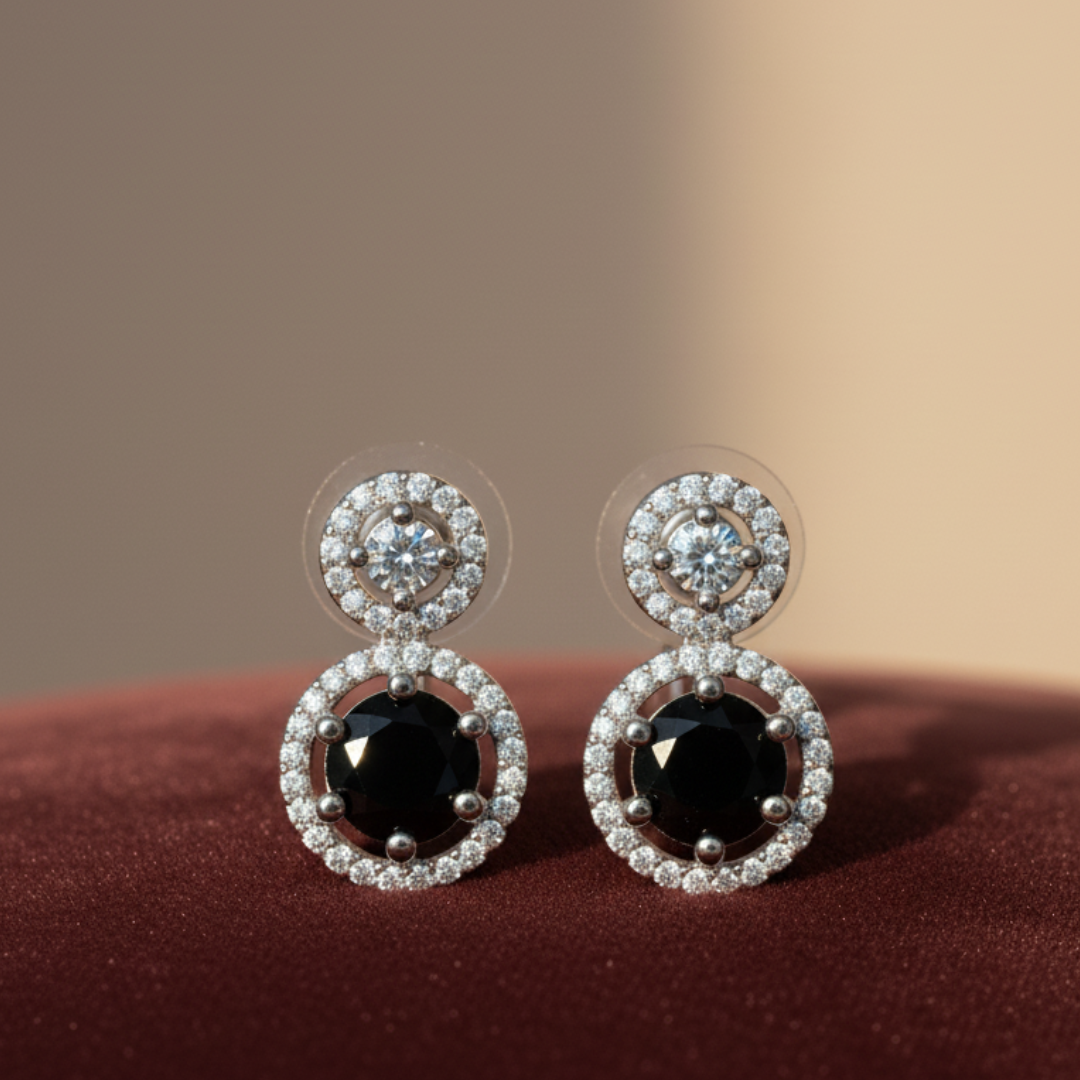 Black Crystal Halo Earrings Elegant Silver Statement Stud Drop Jewellery