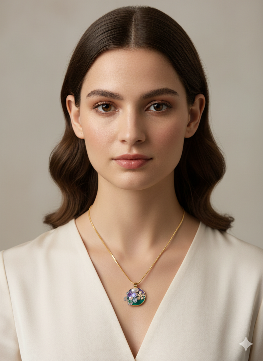 Ratmanee Garden Bloom Necklace – Artistic Gold Pendant with Pearl and Enamel Flowers