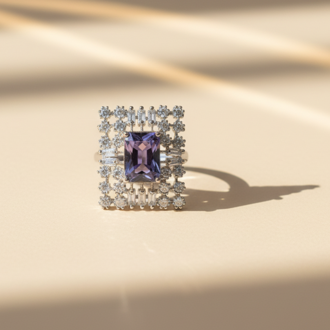 Violet Crystal Halo Ring Luxury Silver Cocktail & Statement Jewellery