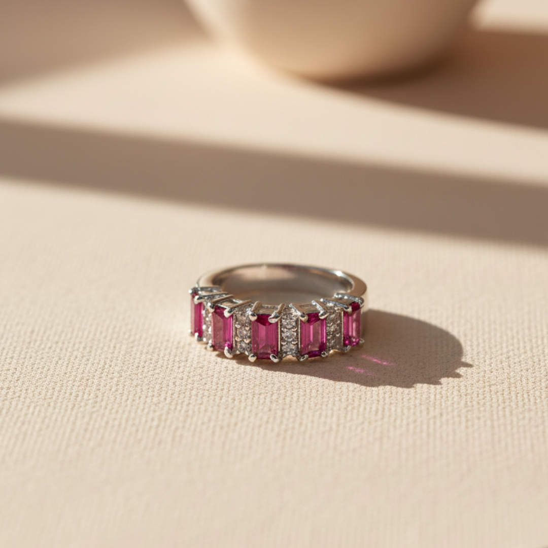 Ruby Baguette Eternity Ring Silver Crystal Accent Elegant Women’s Jewellery