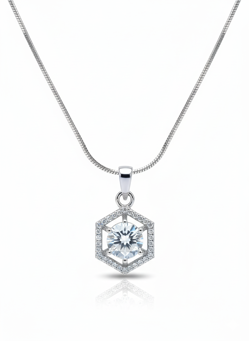 Ratmanee Silver Prism Necklace – Simple Hexagon Pendant with Crystal Center