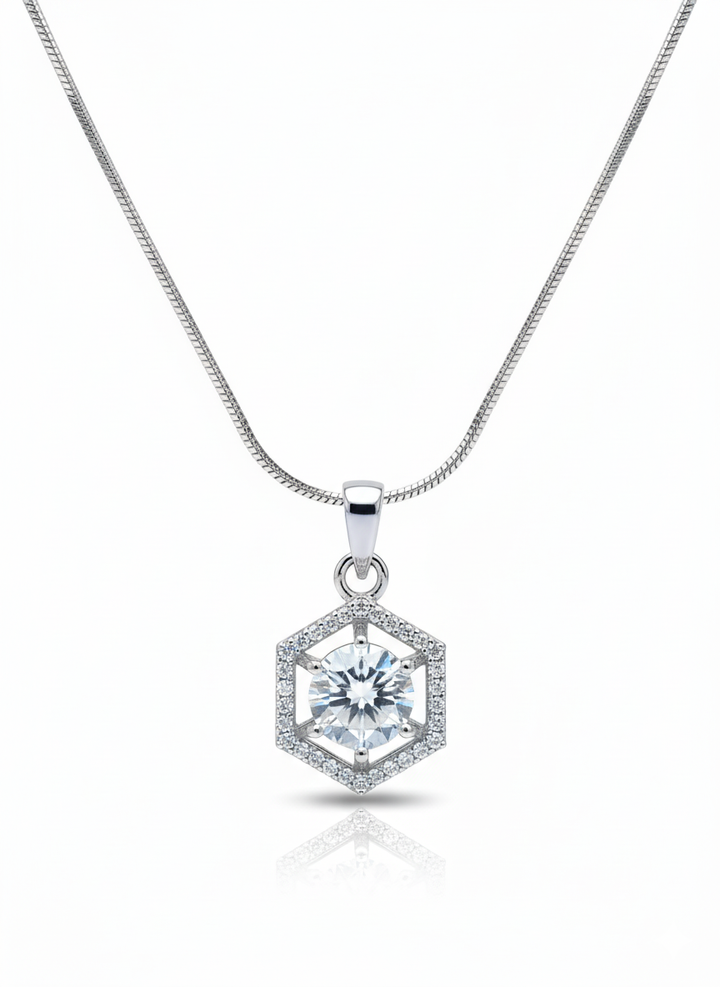 Ratmanee Silver Prism Necklace – Simple Hexagon Pendant with Crystal Center