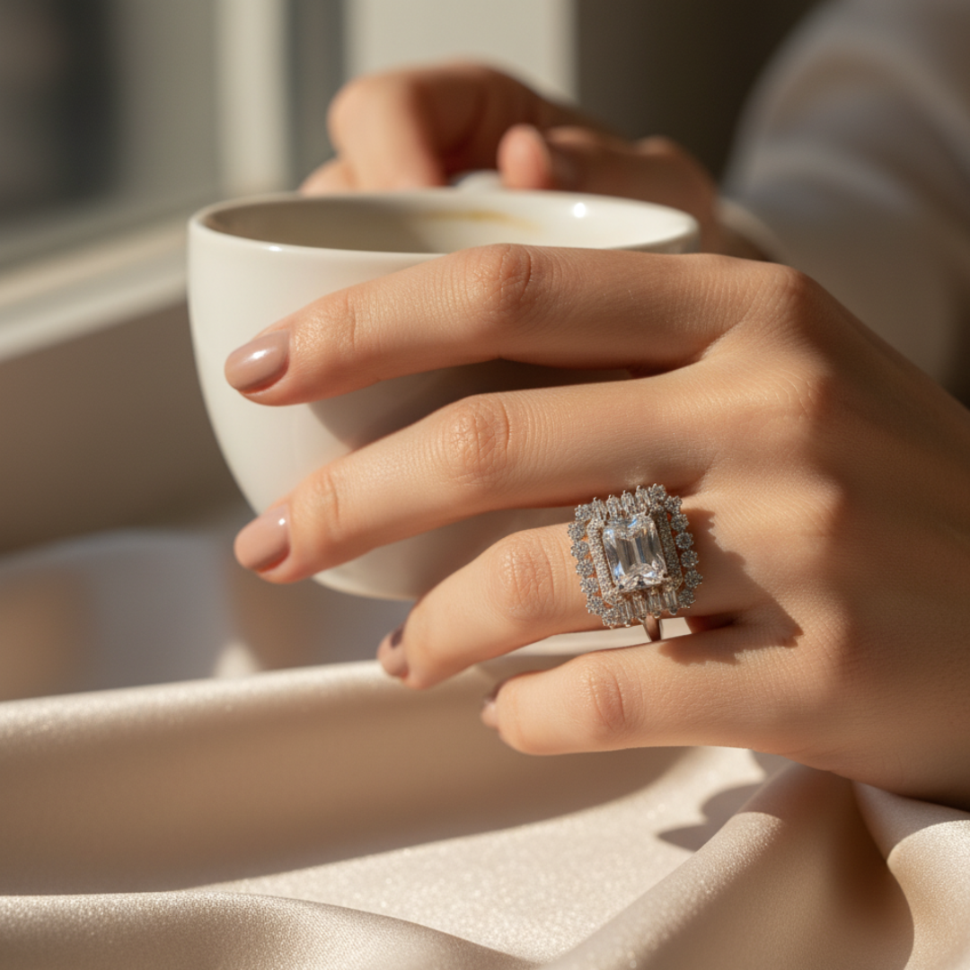 Emerald-Cut Crystal Halo Ring Luxury Silver Cocktail Statement Jewellery