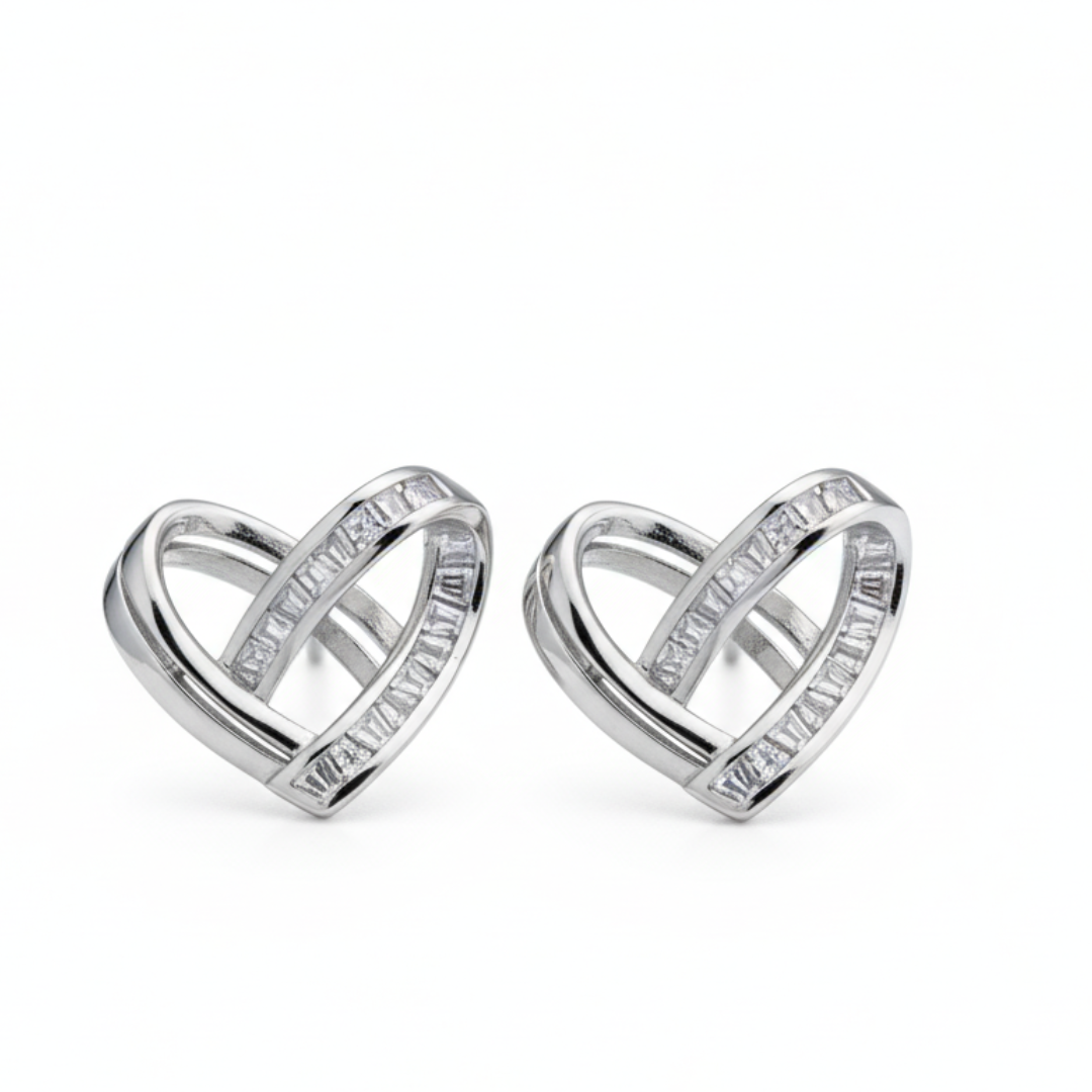 Silver Heart Stud Earrings Elegant Crystal-Studded Romantic Earrings