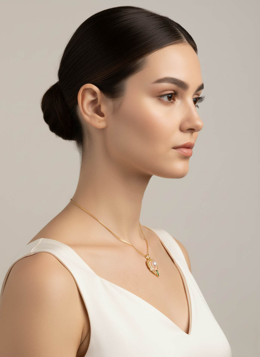 Ratmanee Heart Pearl Pendant – Gold Necklace with Enamel Flower and Leaf Design