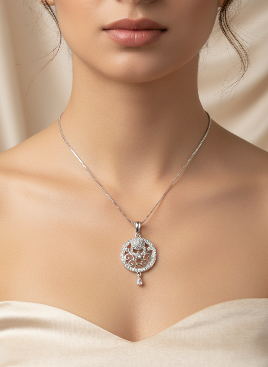 Ratmanee Silver Empress Pendant – Royal Round Necklace with Crystal Detailing