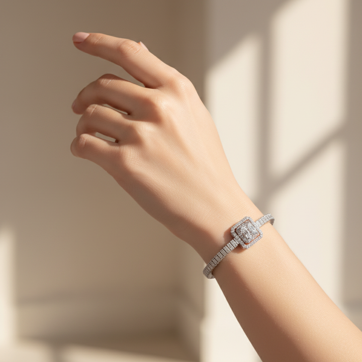 Silver Square-Cut Bracelet Elegant CZ Women’s Luxury Tennis Jewellery