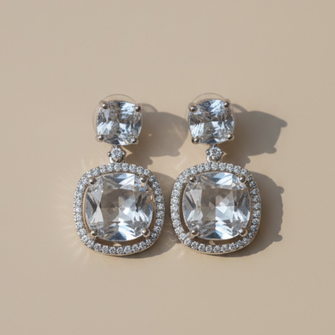 Silver Cushion-Cut Dangle Earrings Sparkling Crystal Statement Jewellery