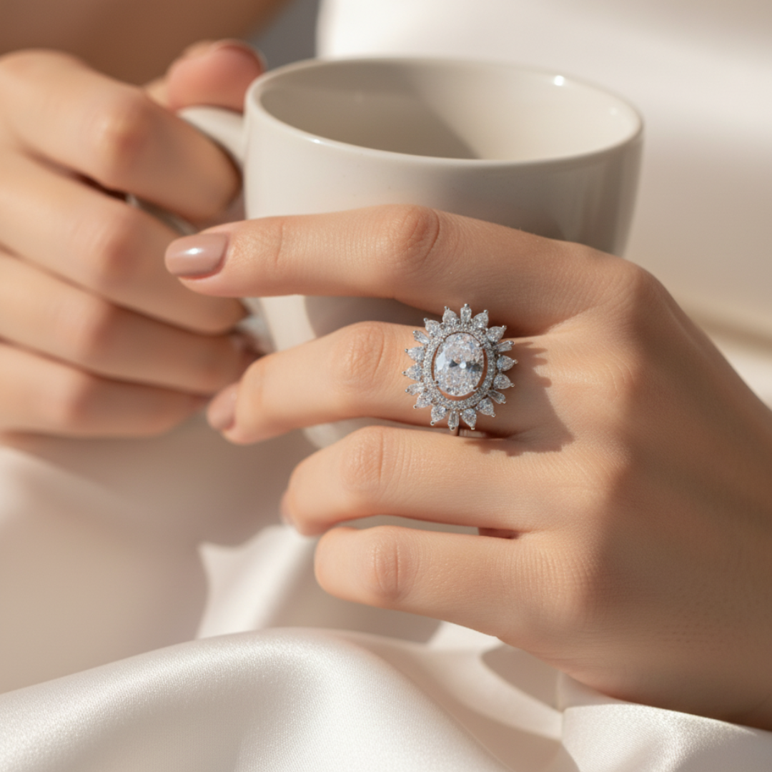 Oval Crystal Halo Ring Luxury Silver Statement Cocktail Jewellery
