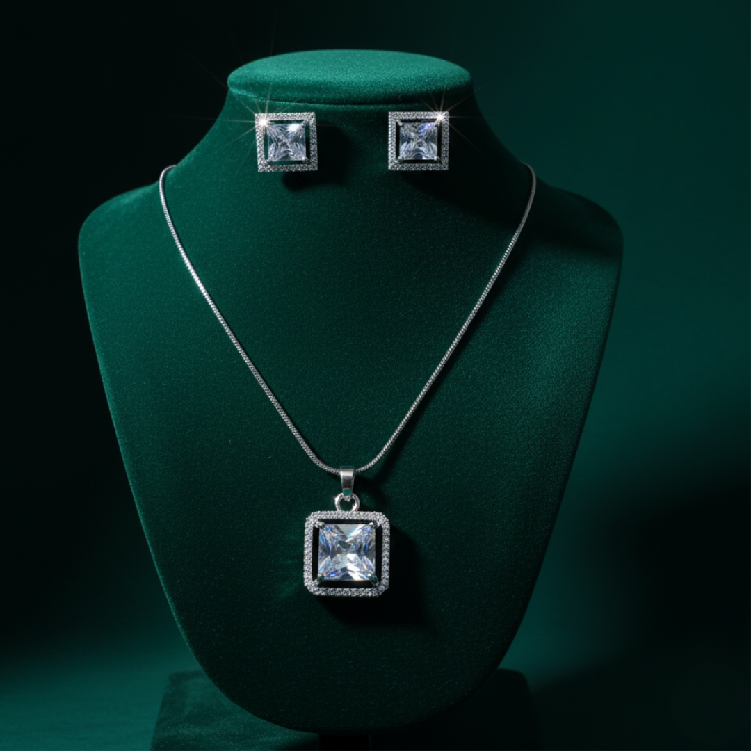 Elegant Square-Cut Silver Necklace & Earring Set |Sparkling CZ Jewellery Gift