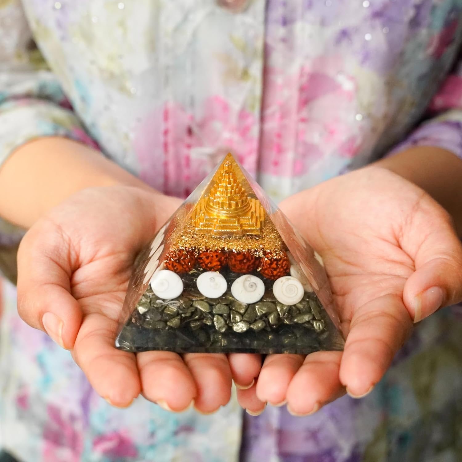 Dhanlabh Pyramid with Shree Yantra, Rudraksha, Gomti Chakra & Pyrite