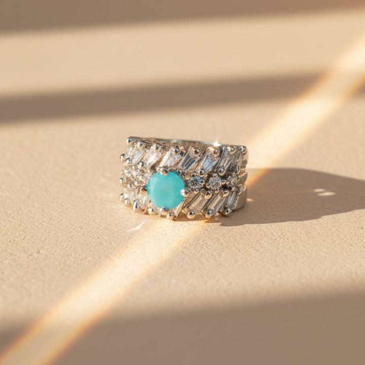 Turquoise Baguette Crystal Ring Silver Wide Band Statement Jewellery