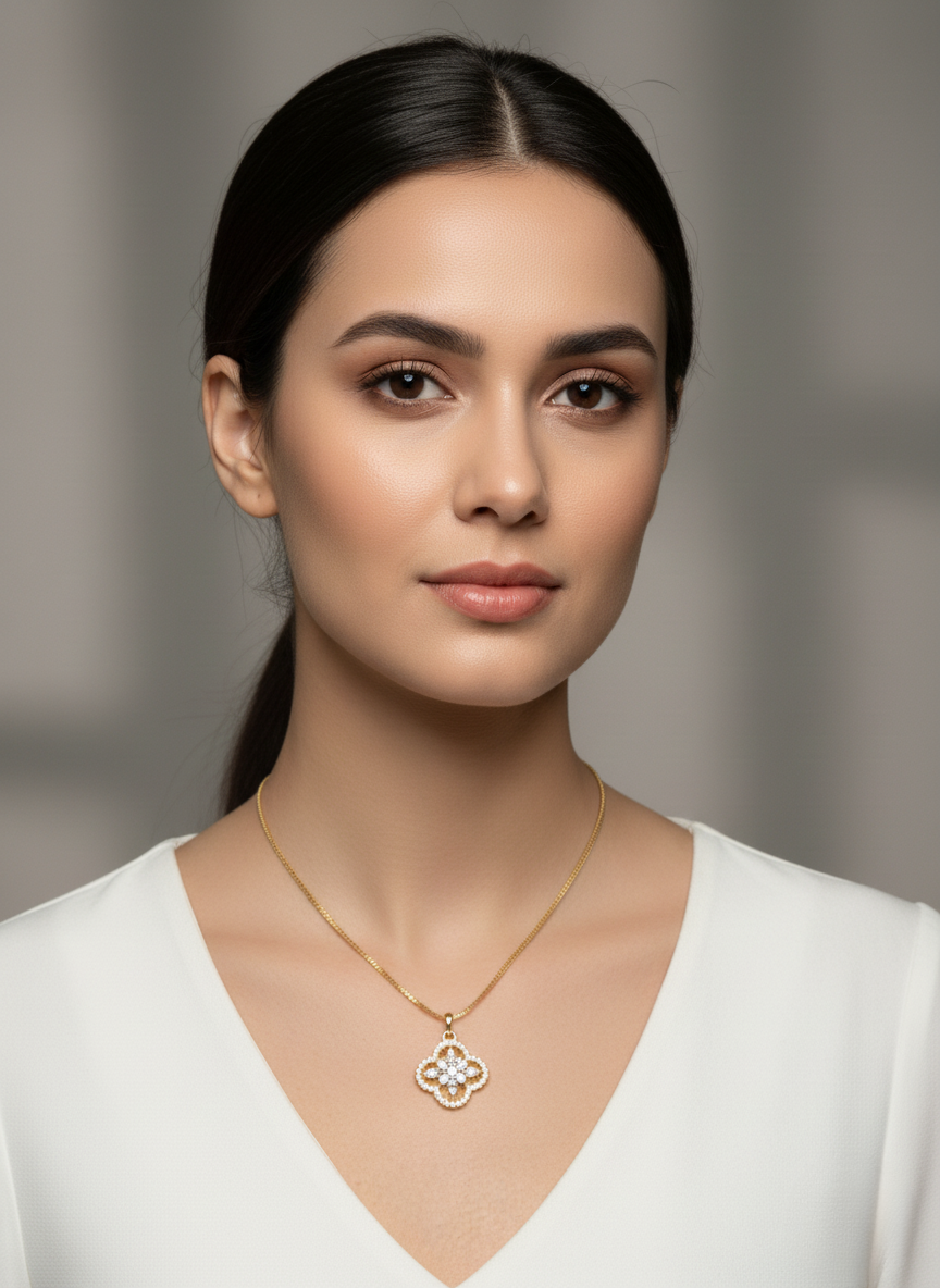 Ratmanee Golden Clover Pendant – Elegant Gold Necklace with Crystal Flower Center
