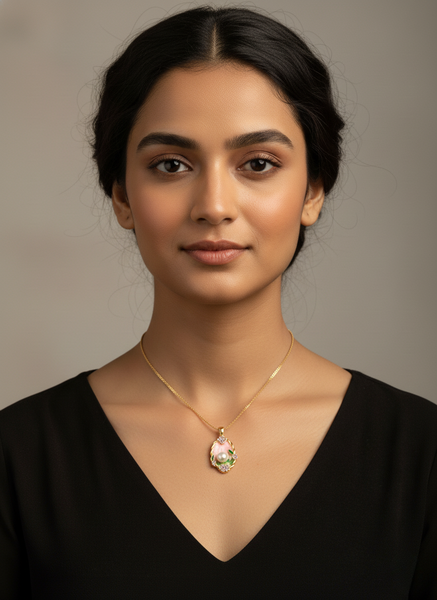 Ratmanee Pearl Bloom Necklace – Gold-Plated Pendant with Pink Enamel and Crystal Flowers