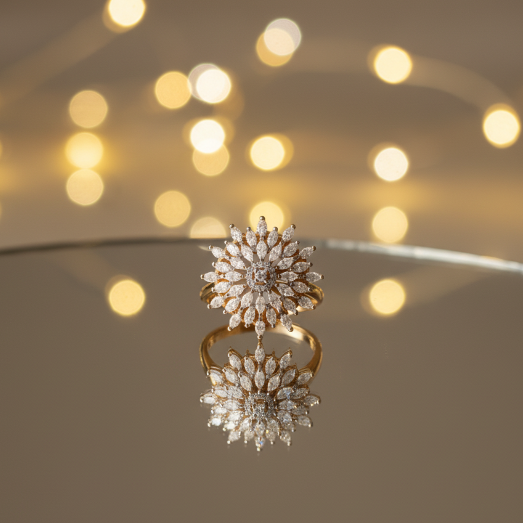 Floral Burst Crystal Ring Elegant Gold Statement Cocktail Jewellery