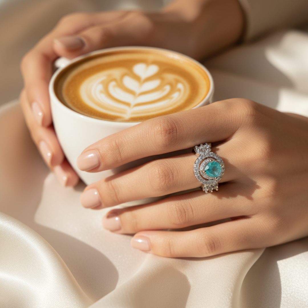 Teal Halo Crystal Ring Elegant Silver Statement Cocktail Jewellery