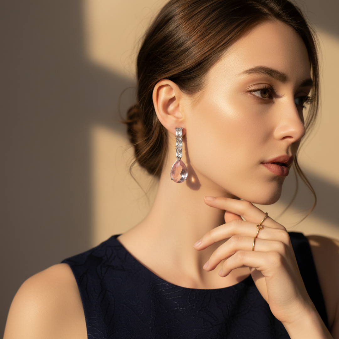 Pink Teardrop Dangle Earrings Elegant Crystal Silver Drop Earrings