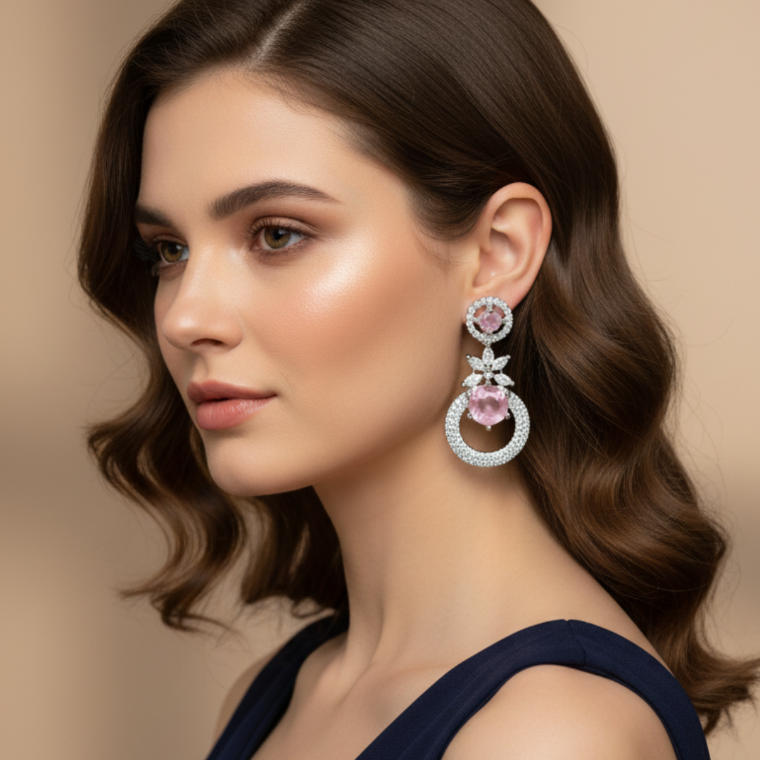 Pink Crystal Statement Earrings Luxury Silver Bridal & Party Jewellery