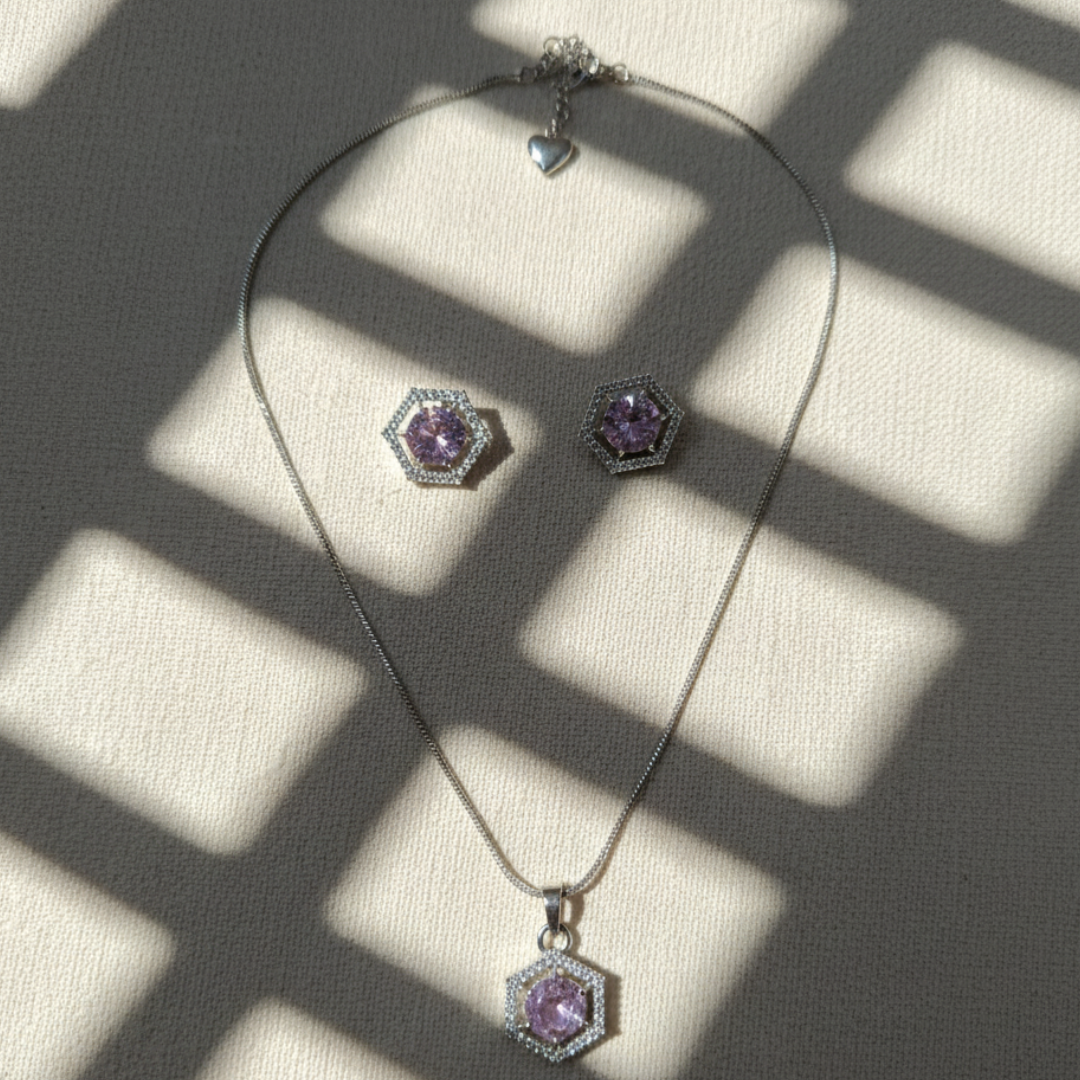 Hexagon Lavender Stone Jewellery Set Silver Pendant & Earrings for Women