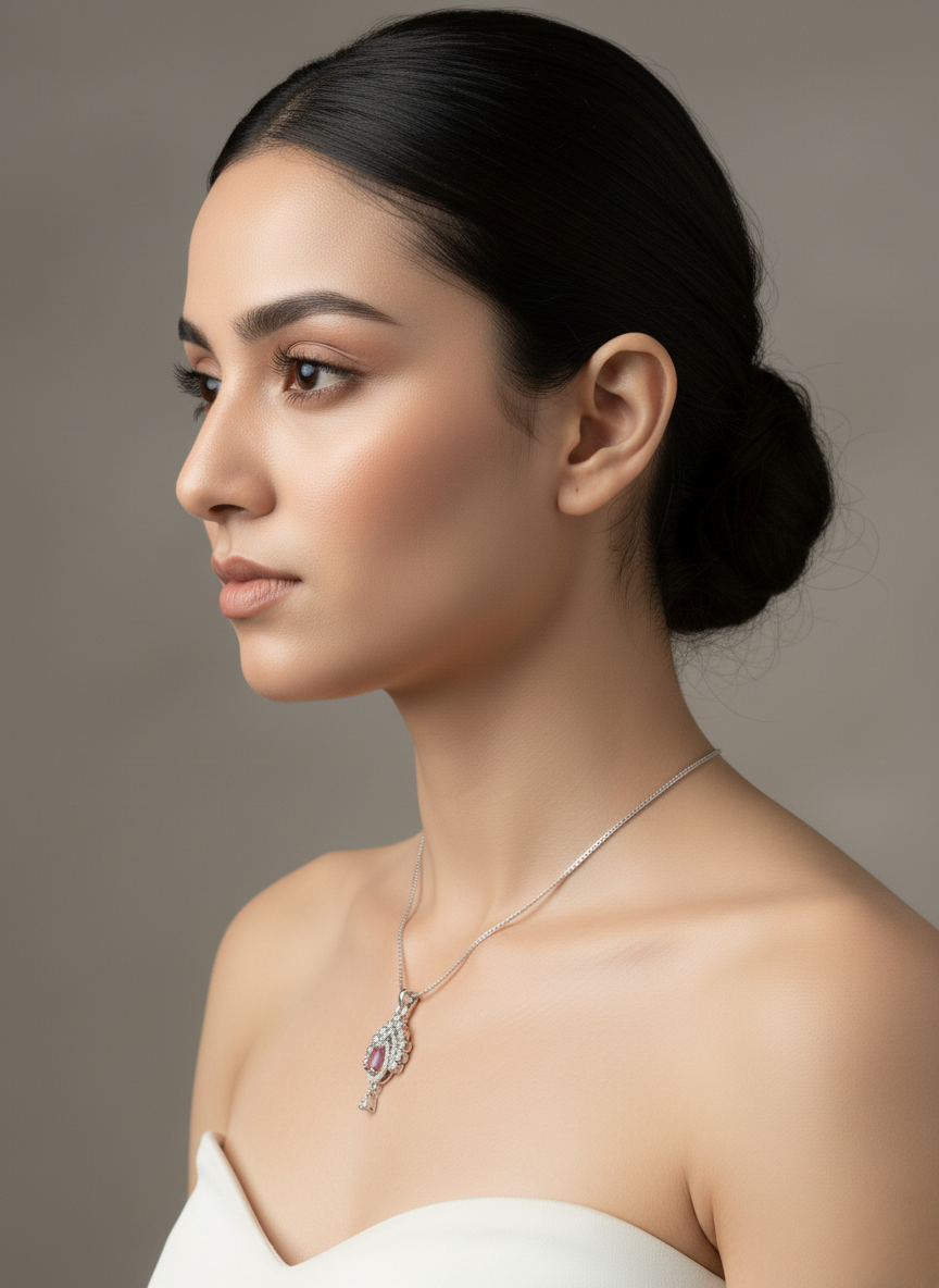 Ratmanee Silver Royale Pendant – Pink Teardrop Gem Necklace with Crystal Accents