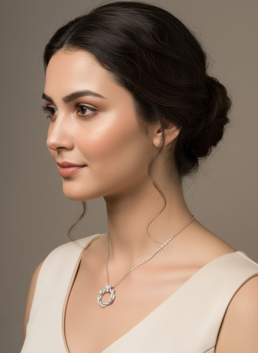 Ratmanee Silver Radiance Pendant – Twisted Circle Necklace with Sparkling Crystals