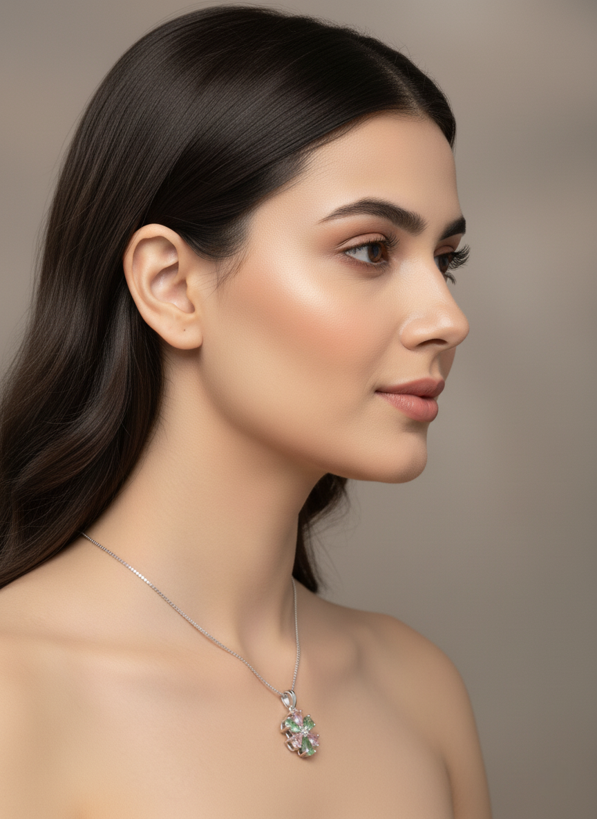 Ratmanee Blossom Pendant Necklace – Pink & Green Crystal Flower in Sterling Silver