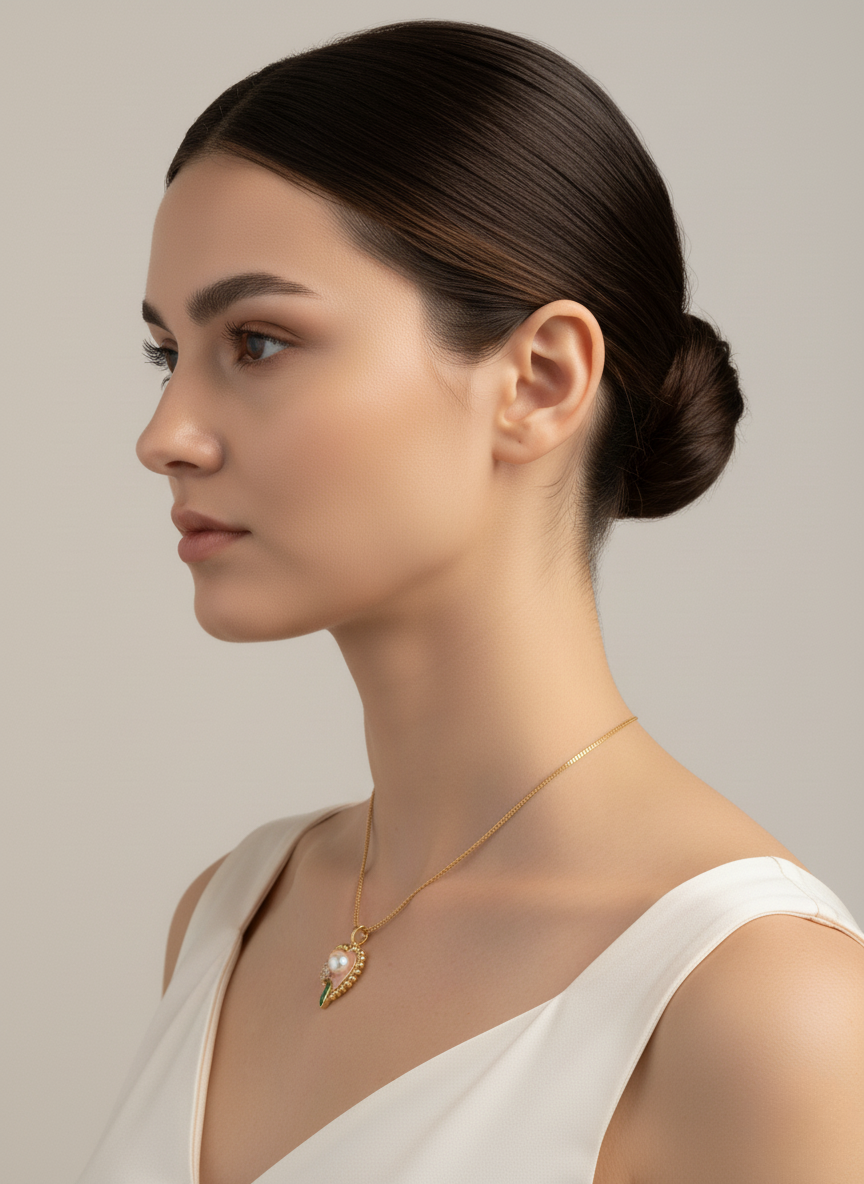 Ratmanee Heart Pearl Pendant – Gold Necklace with Enamel Flower and Leaf Design