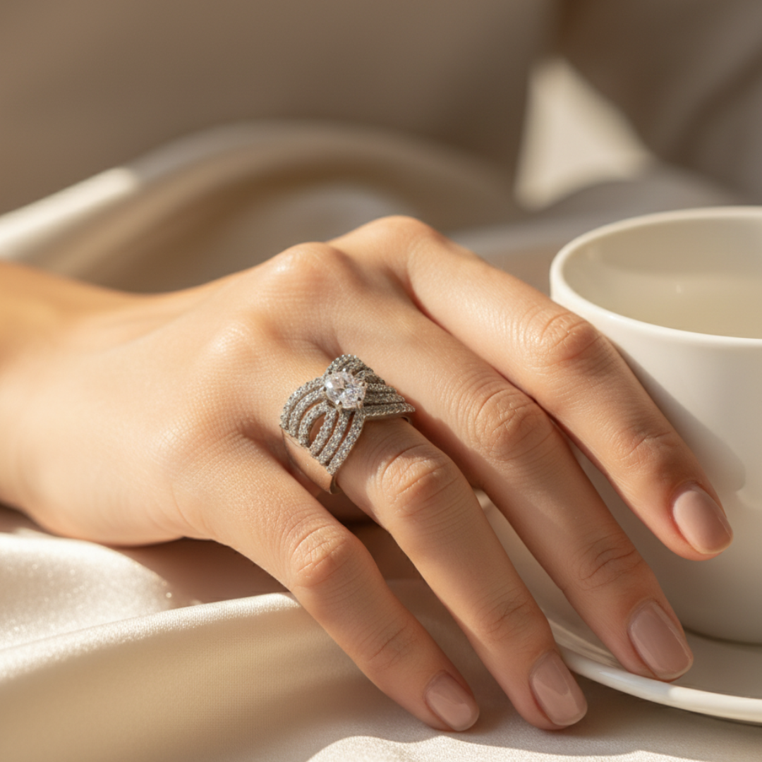 Silver Swirl Crystal Ring Elegant Statement Women’s Cocktail Jewellery