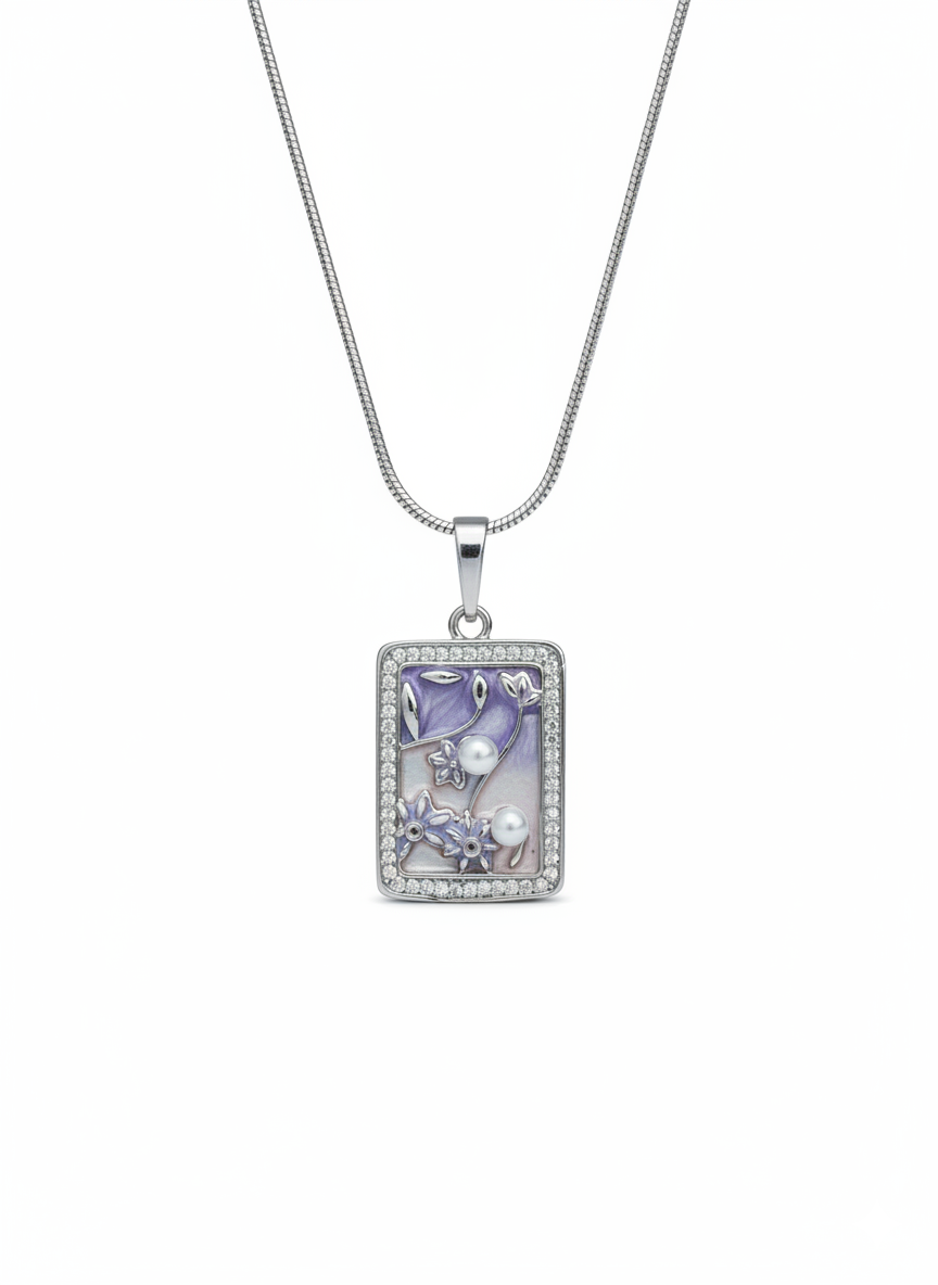Ratmanee Silver Grace Pendant – Rectangular Necklace with Pearls and Crystal Frame